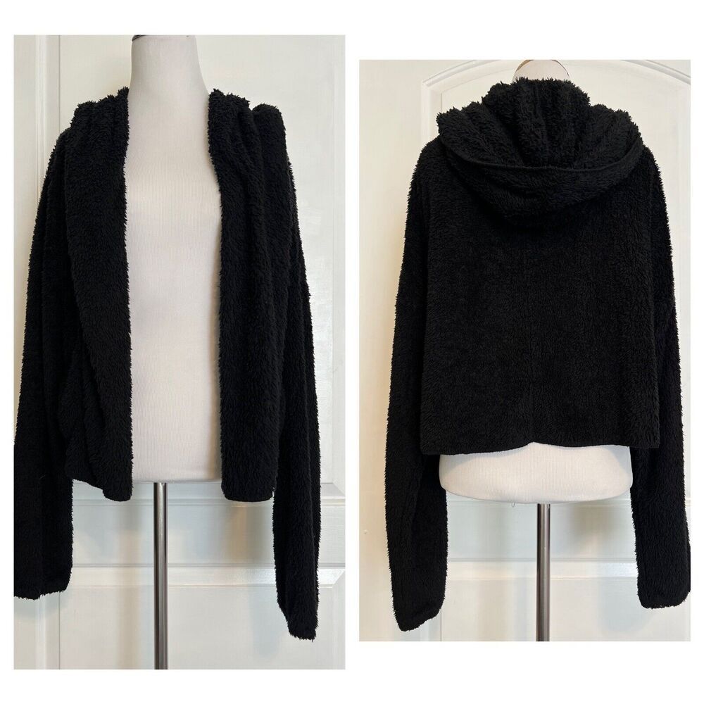 FAVLUX Fluffy Black Sherpa Teddy Open Front Jacket Coat Fall Spring Soft Cozy L